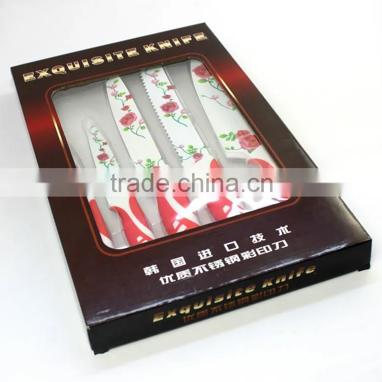 Rose printing multi colorful kitchen knife set