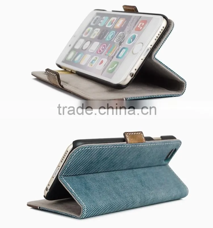 Genuine Leather & Denim Jean Flip Cell Phone Case/Booklet With Card Slots for iPhone 6/6plus for lady/female