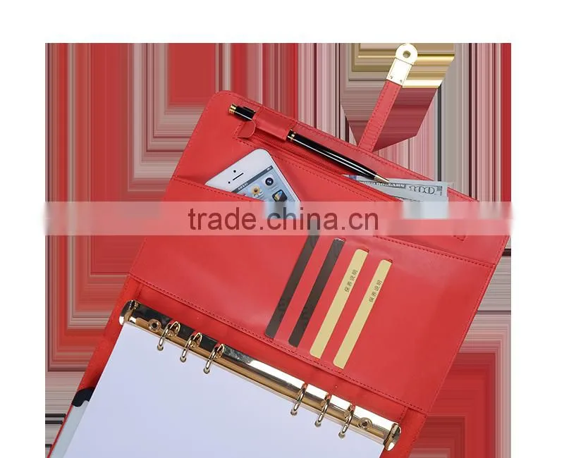 2016 Hot sell leather 6 ring binder notebook with power bank & usb disk