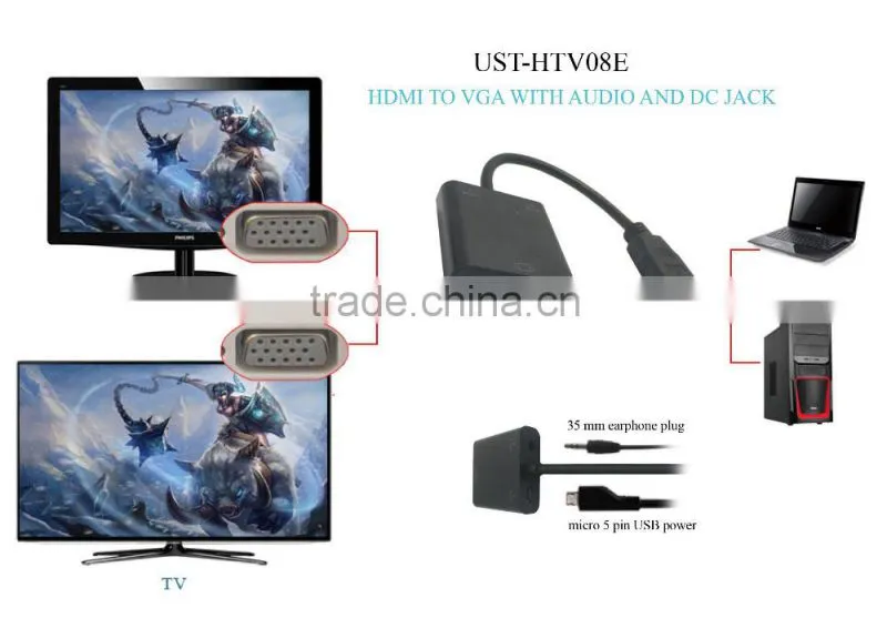 100% new HDM I to VGA with audio and DC jack HDM I adapter for computer/laptop