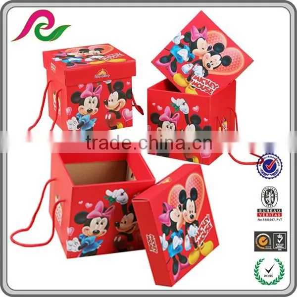 Red folding corrugated paper box with micky mouse picture for packing gift