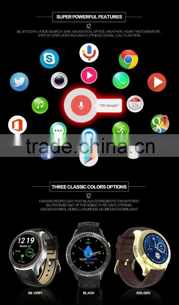 I2 android 5.1 OS MTK6580 Quad core Smart watch 4GB / 512MB Smartwatch With 3G wifi bluetooth GPS Google play store