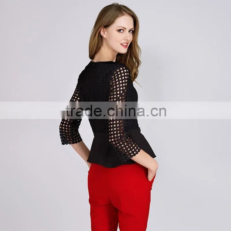 PRETTY STEPS 2016 hot sexy design fashion womans tight long sleeve twill mesh blouse black
