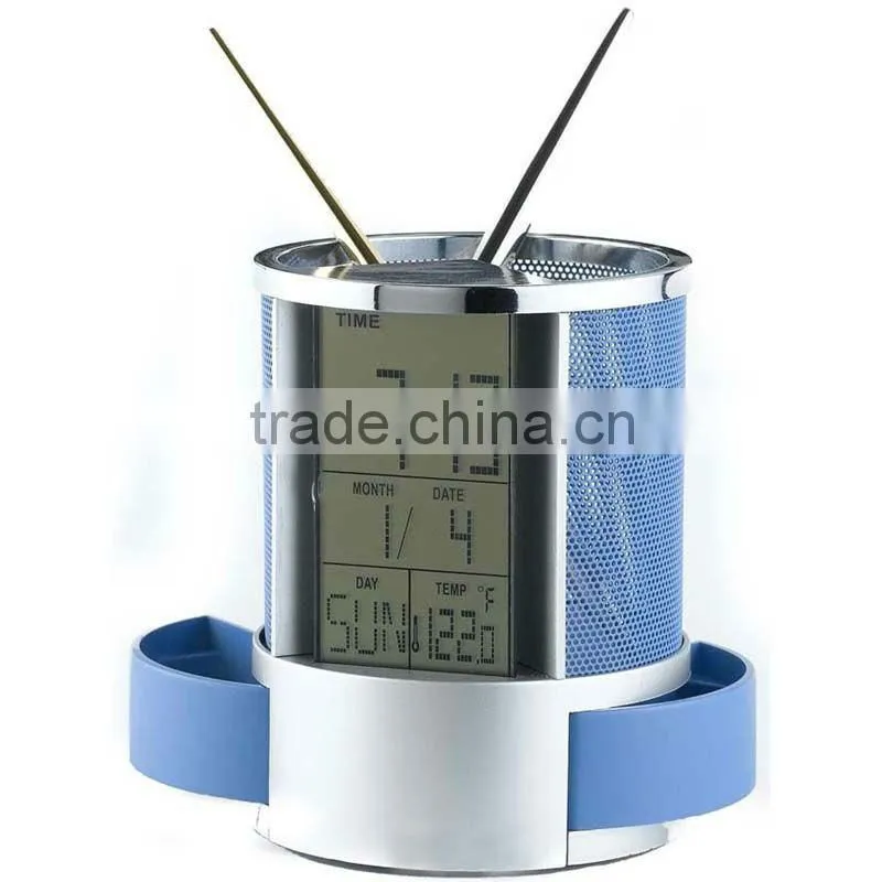 Plastic Transparent Multifunctional Pen holder Calendar Timer Thermometer Clock