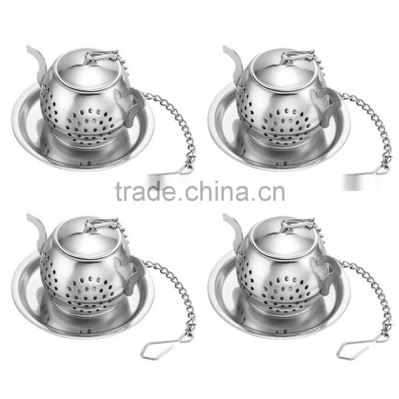 WCQ029 Tea Infuser Tea Ball Stainless Steel Loose Leaf Tea Strainer with Chain and Drip Trays Teapot Infuser Gift