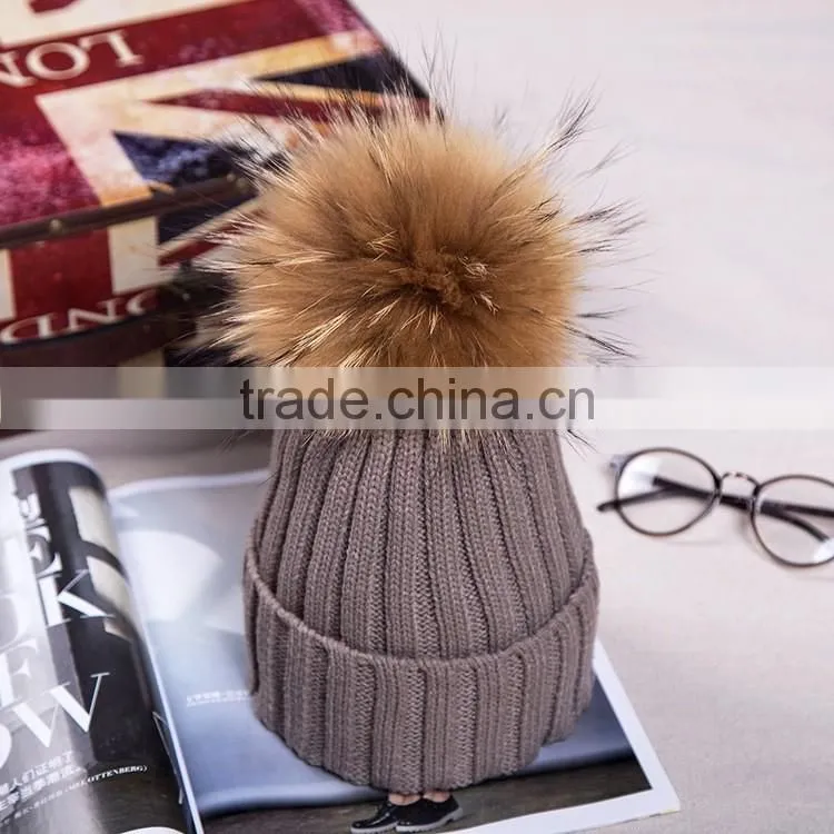 Women Beanies with Fox Fur Pompom Genuine Fur Ball Ski Cap Bobble Hat 15cm Fluffy