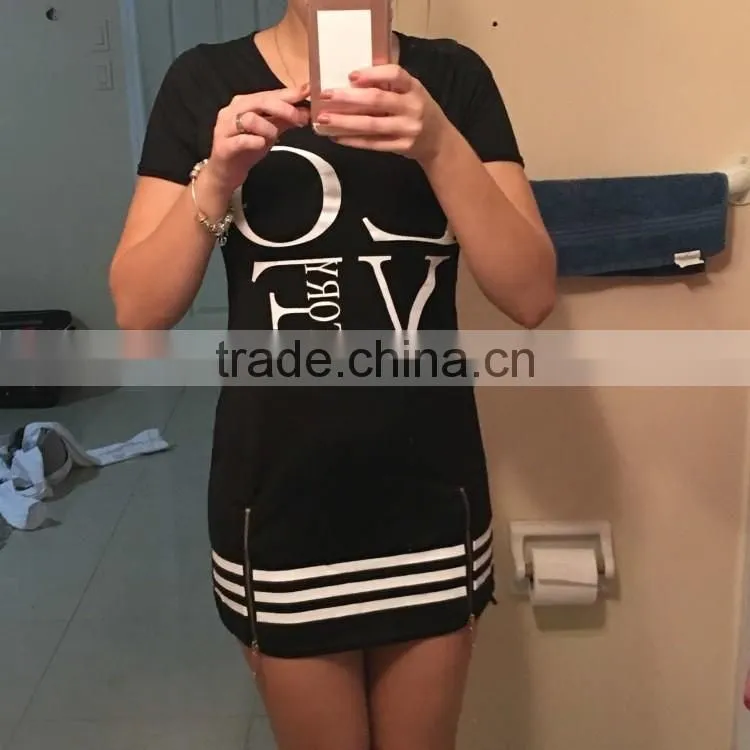 1PCS M-XL Women Love Letter Print O Neck Short Sleeve Zipper Long above Knee Straight Dress Summer Casual Dress Tops Blouse