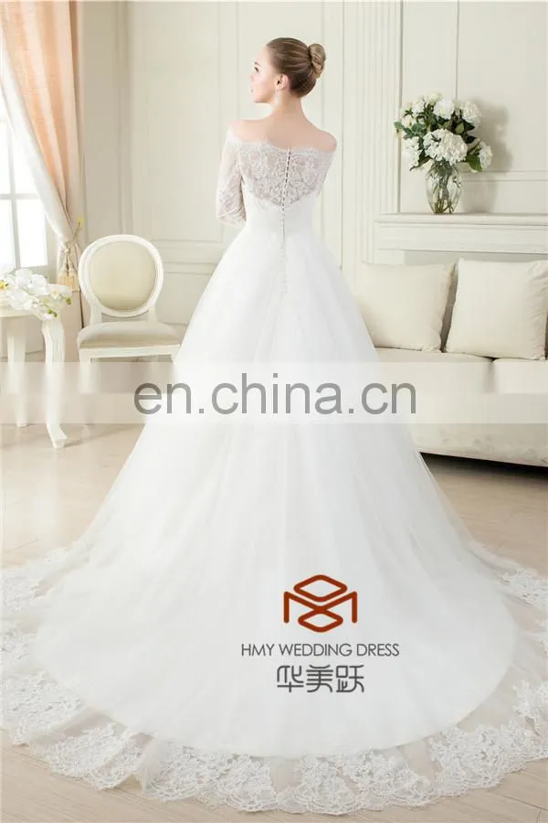 OEM Supply Muslim Long Sleeve Real Pictures Wedding Gown HMY-RP001 New Arrivals White Lace Appliques A Line 2015 Wedding Dress