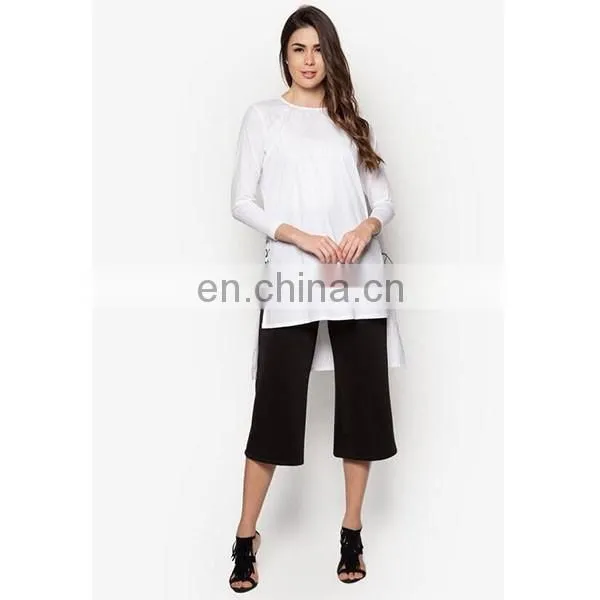 New Arrival Side Slit Tunic With Leather Cord Fashion Long Sleeve Muslim Top