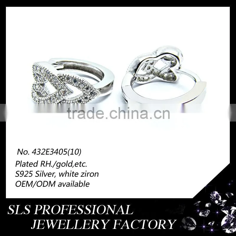 2015 Fashion double heart christmas sterling 925 silver rhodium plated huggie earrings for girls