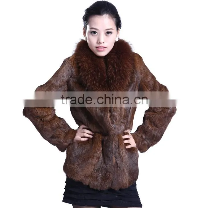 QD5728 Hot Selling Colorful Rabbit fur Coat With Raccoon Collar For Wholesale