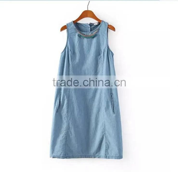 2014 new design Ladies sleeveless denim dress women light bule denim jeans dress
