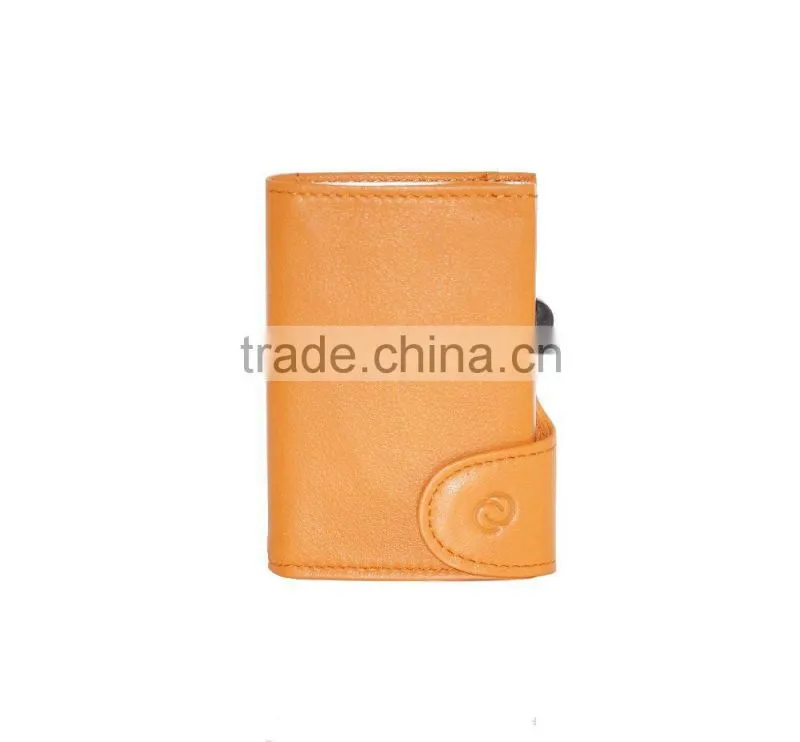 Good quality leather card holer not PU cardholder, aluminum orange