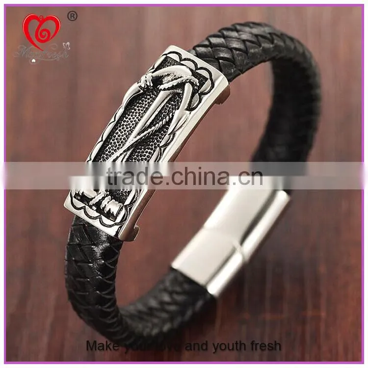 Chinese Manufacturer Maxfresh Stainless Steel Jewelry Bracelet with Genuine Leather length adjustable