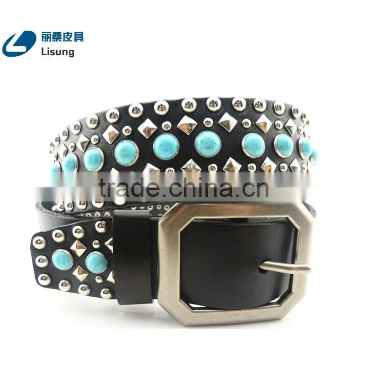 Lady Genuine Leather Turquoise Rhinestone Dress Strap Belt