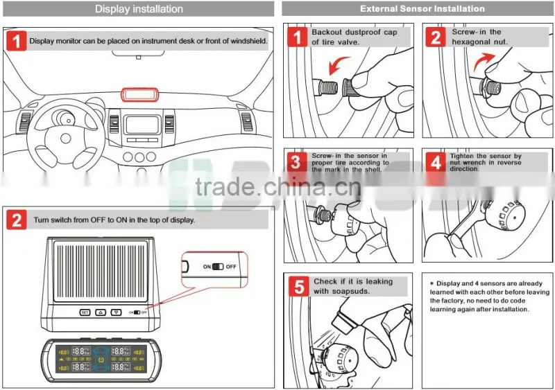 Car Solar Power System TPMS with 4 External Sensors tire pressure gauge car diagnostic tool