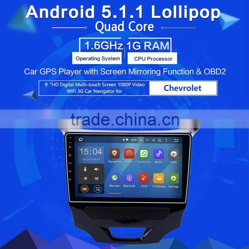 9 Inch 2 din 1.6GHz Android 16 GB car gps dvd player with Capacitive Multi touch Screen for Chevrolet Cruze 2015