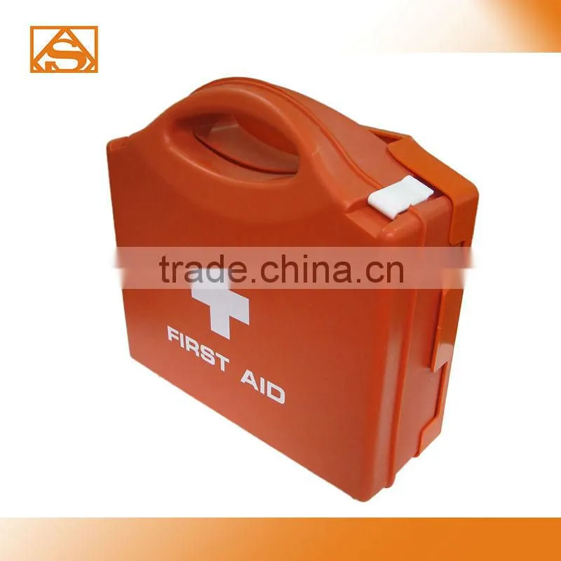 Red plastic first aid kit box din13169