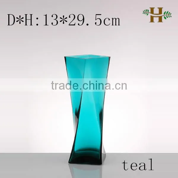 Handmade square spiral shaped glass vase, wholesale colored unique design glassware