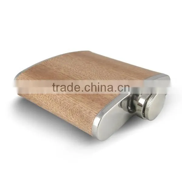 Wholesale custom design stainless steel hip flask with real wooden wrap