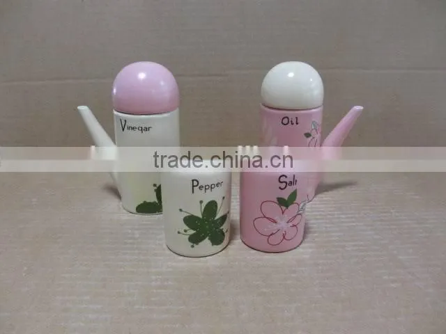 Ceramic grey green oil olive vinegar bottle salt pepper set