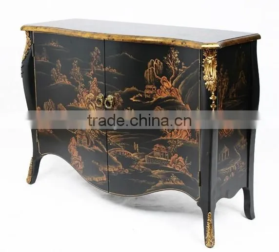 Classico Regency Decorative French Solid Wood Bombe Chest with Precious Golden Brass and Beautiful Chinoiserie Paint BF12-04254b