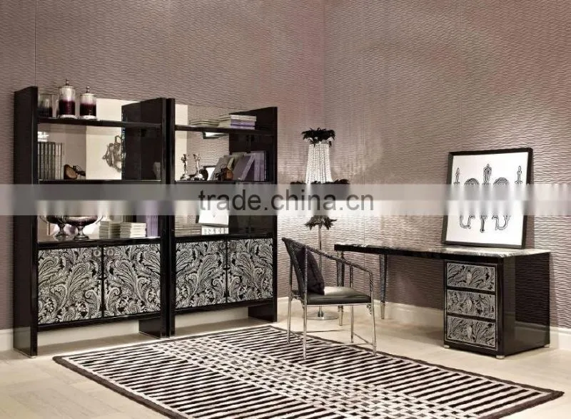 Classic Royal European Contemporary Style Pure Black Office Table Set with Bookcase BF11-01234c