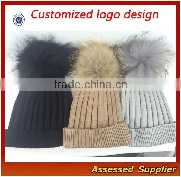 Custom fashion real raccoon fur pom pom hat beanie cap winter knitted hat for women and baby free samples