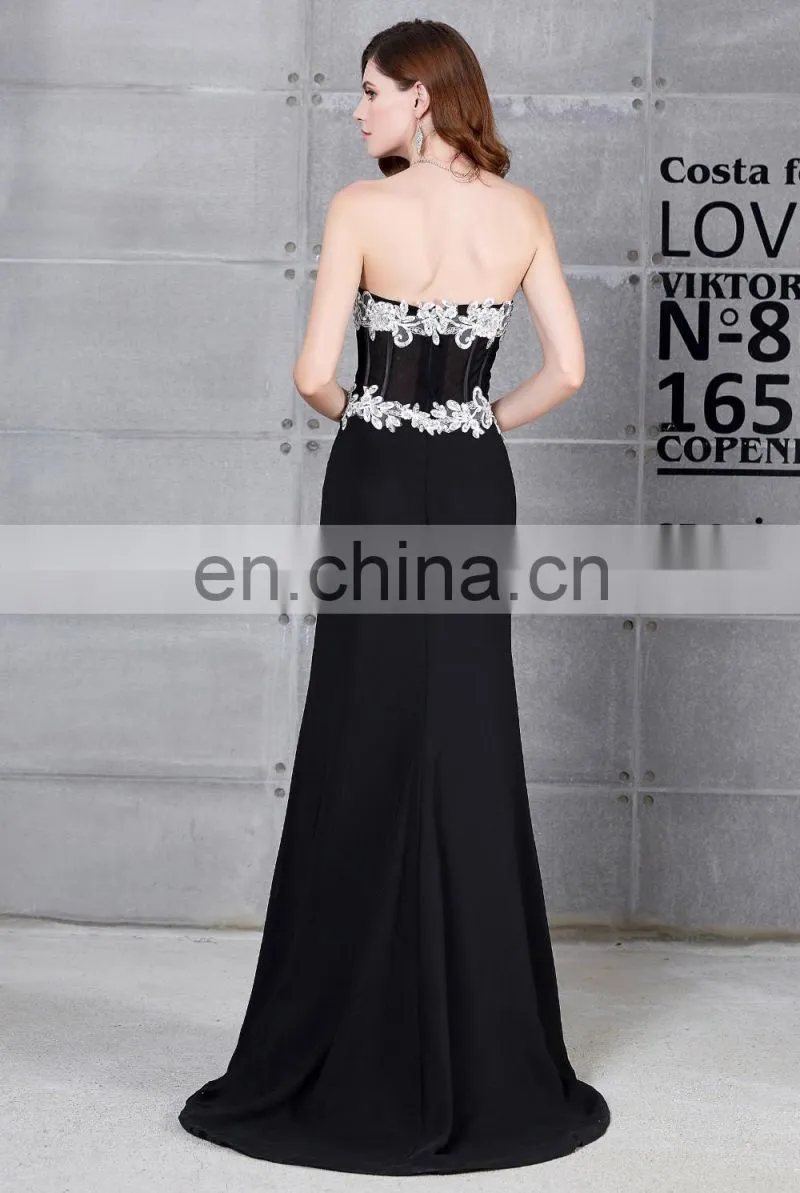 Grace Karin Hot Sale Sweetheart Neckline Chiffon Split Leg Long Black Lace Prom Dress CL7519