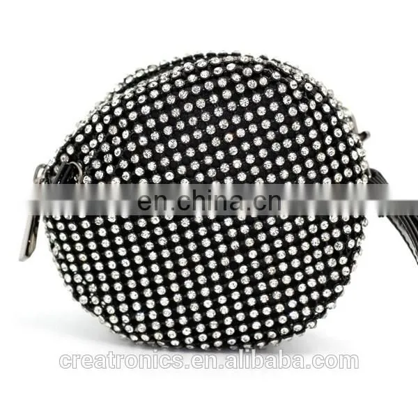 CR More than 80% customer repeat order shining diamond surface long chain round shaped black zipper new fashion mini coin purse