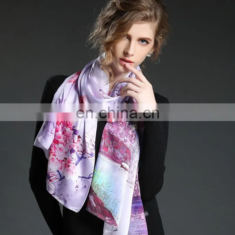 Digital printing pure silk satin scarf Chinese style