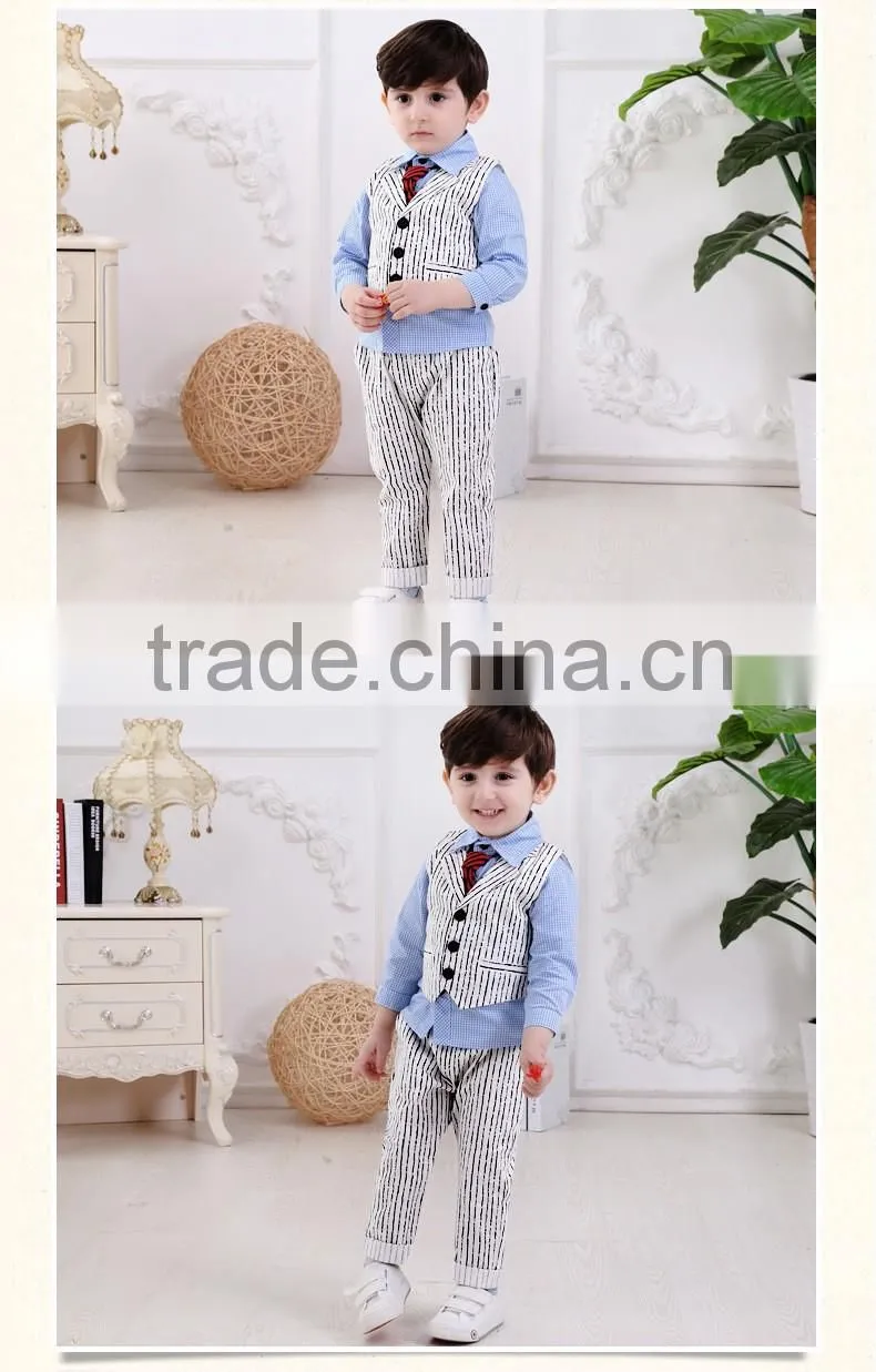 2016 Wholesale New arrival British gray Striped vest three-piece baby boy set plaid shirt with tie baby boy clothes suit