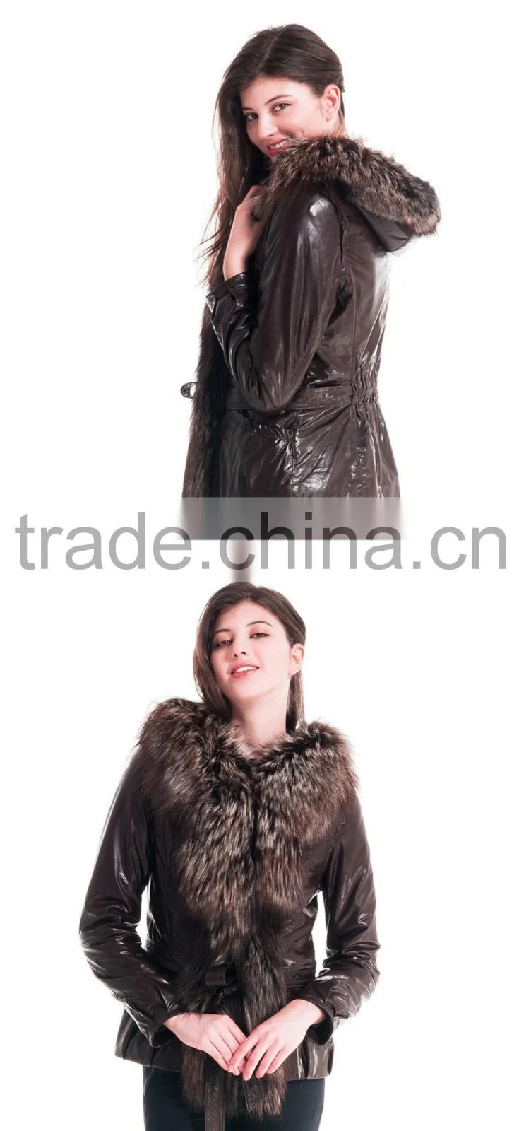 2015 New Style Winter Women Short Leather Coat With Belt Silver Fox Hat Overcoat