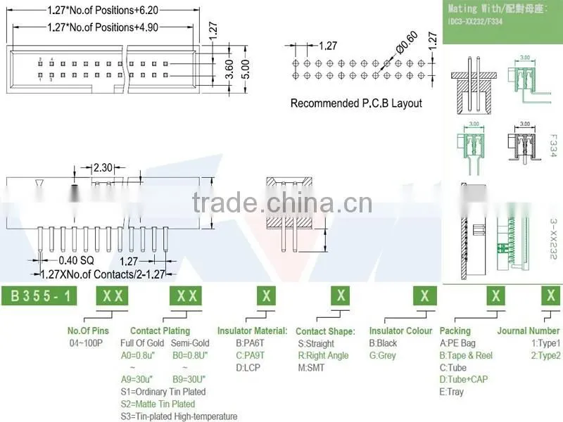 Pitch 1.27mm double row straight electrical box header connector