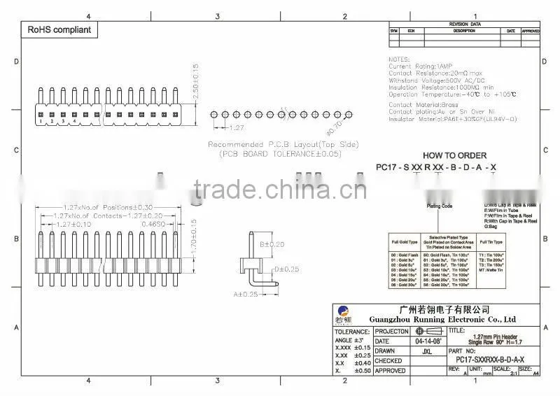 Single Row 90 Degree Pin Header Connector 1.27mm H=1.7