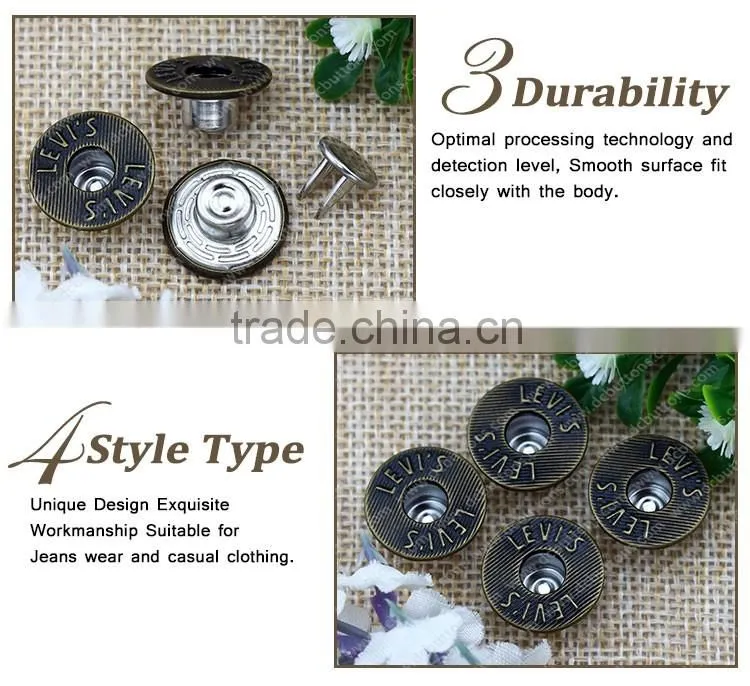 Metal Logo Customized Double Pin Button Brass Jeans Button,Double Sided Buttons for Jean Wear