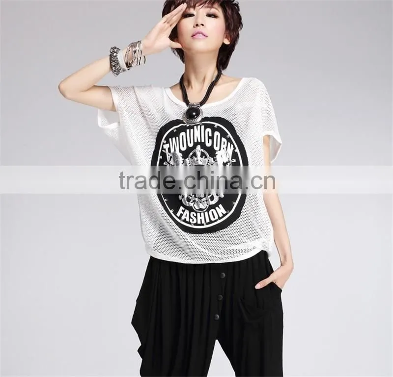 Fashion Womens Mesh Loose Blouse Tops Delicate Print Short Sleeve Summer Tee Shirts tshirts