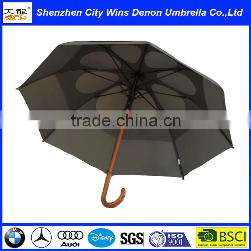 Wholesale classic automatic custom OEM amazon hot sale air vents wooden stick umbrella with wood hook handle
