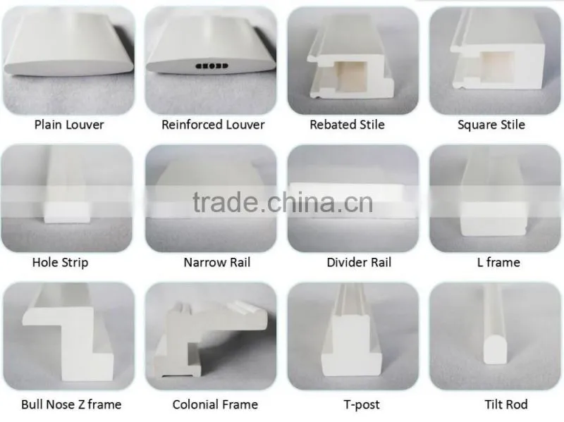 White color painted PVC plantation shutter window components