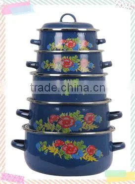 New design practical Blue Enamel Cookware Set Kitchenware Enamel Pot 5 Pcs Stock Belly Pot With Double Handle