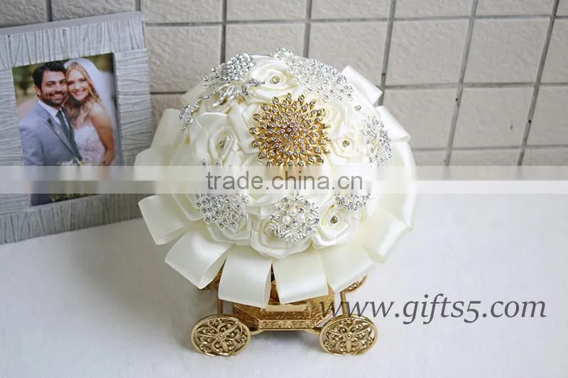 Gold Wedding Bouquet Handmade Flowers Wedding Flowers with Rhinestones