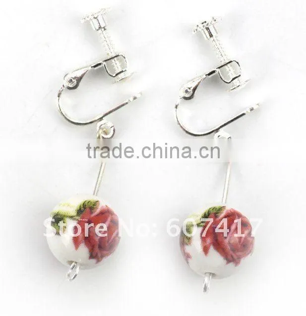 blue flower printed Qinghua porcelain ball shaped drop earings with clips