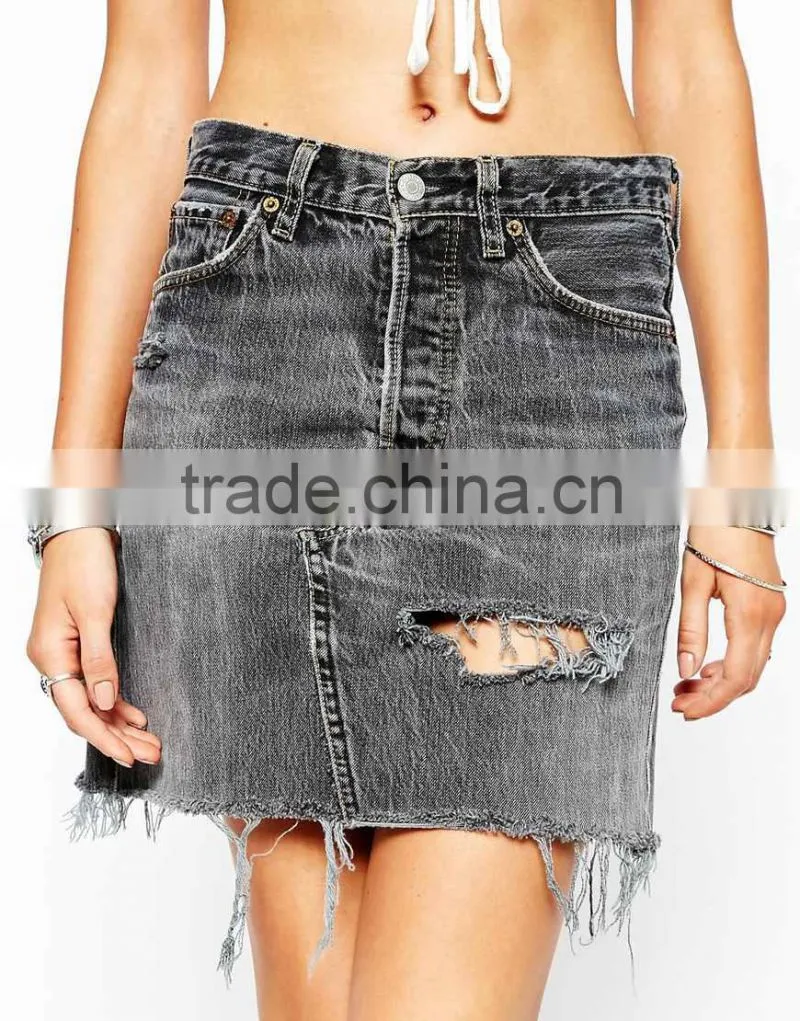 Ripped denim short skirt Front distressing Denim Skirt