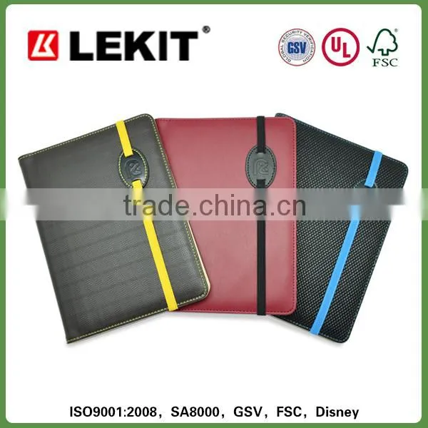 PU leather cut notebook covers with embossed logo and elastic band closure