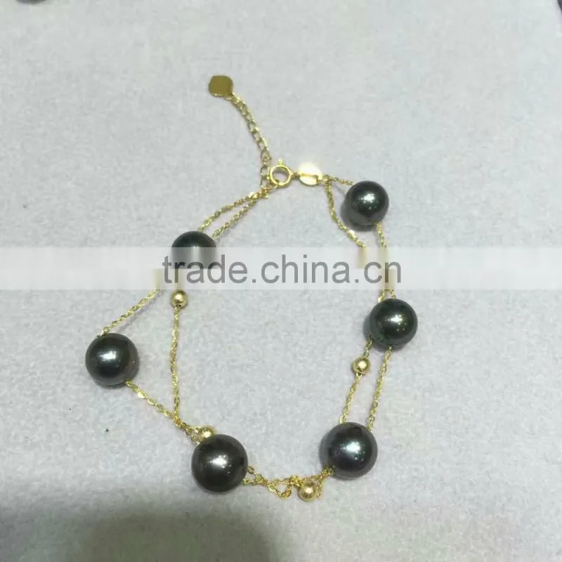 AAA 7.5-8mm black Japanese Akoya pearl with gold chain bracelet