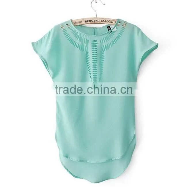 NEW 2015 summer Women's Clothing Blouses Shirts Chiffon Front Hollow Out Vintage Short Batwing Sleeve Shirt Top 6 Colors