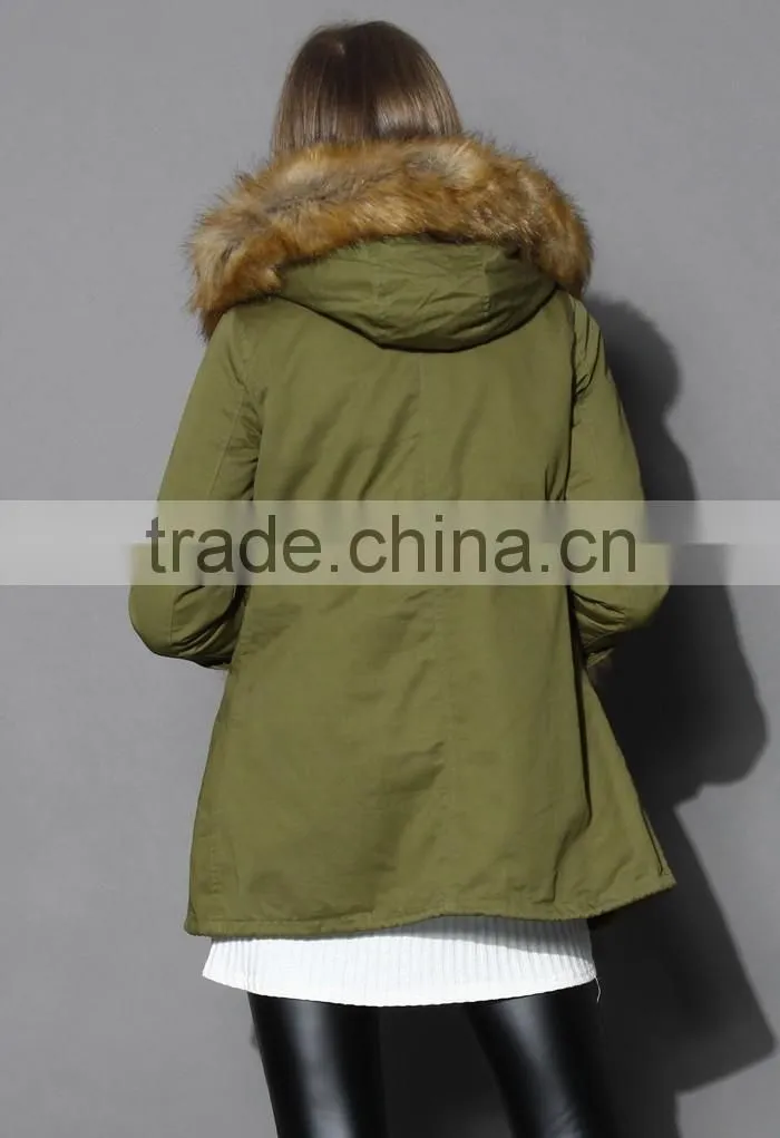 Detachable Faux Fur Jacket with fur collar fur sleeve ,women Army green Jacket coat