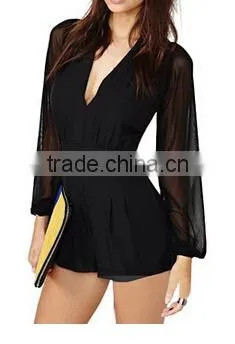 womens sexy chiffon rompers short pants new deep V-Neck long sleeve jumpsuit