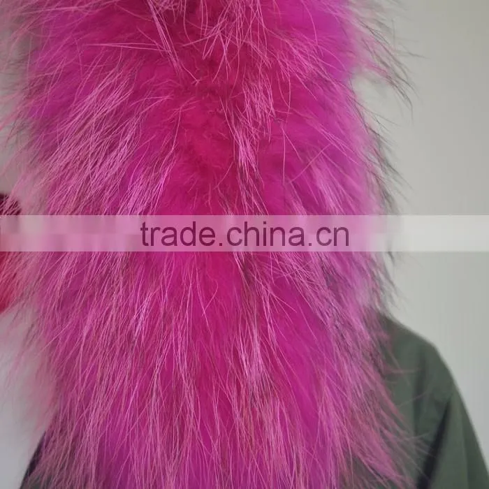 Myfur Long Parka with Rose Hot Pink Raccoon Fur Hood For Ladies