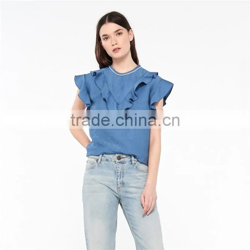 2017 OEM Slightly Ruffled Shoulders Beaded Neckline Blouse Tops